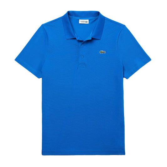 Poloshirt Lacoste in piquet di cotone blu con colletto a costine, bottoni e logo ricamato sul petto, ideale per abbigliamento casual uomo