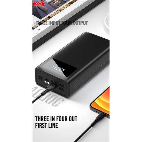 XO PR123 Powerbank 30000mAh - Funzione Torcia - 4 Uscite USB-A - Ingressi microUSB, USB-C e Lightning - Display LCD - Ricarica Veloce - Resistente