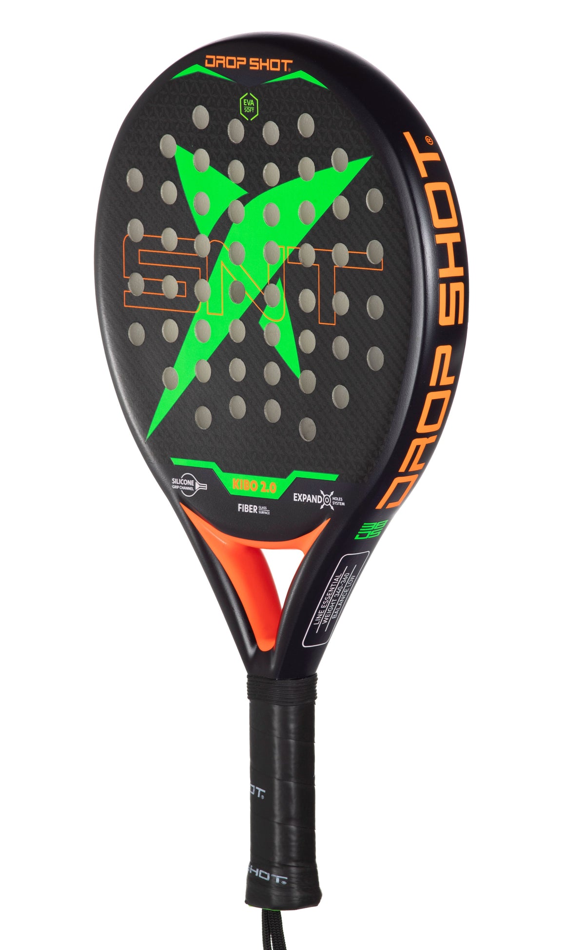 Racchetta da padel Drop Shot Kibo 2.0 con telaio in fibra, superficie in EVA soft, design nero con dettagli verdi e arancioni, impugnatura antiscivolo, SKU: 17383