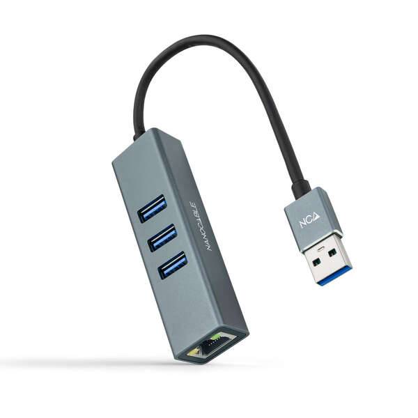 Nanocable Adattatore di Rete USB 3.0 a Ethernet Gigabit 10/100/1000 Mbps + 3 Porte USB 3.0
