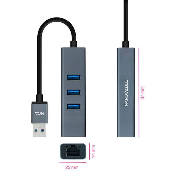 Nanocable Adattatore di Rete USB 3.0 a Ethernet Gigabit 10/100/1000 Mbps + 3 Porte USB 3.0