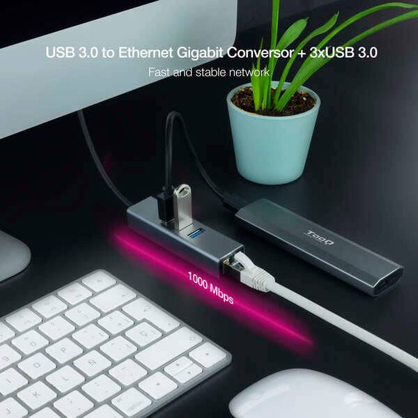 Nanocable Adattatore di Rete USB 3.0 a Ethernet Gigabit 10/100/1000 Mbps + 3 Porte USB 3.0