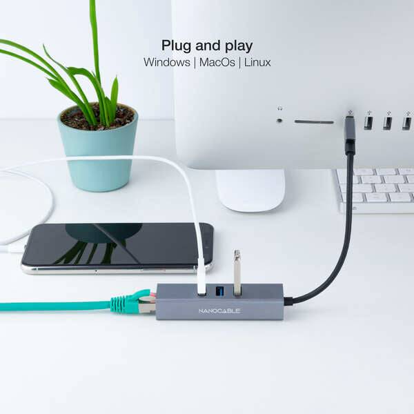 Nanocable Adattatore di Rete USB 3.0 a Ethernet Gigabit 10/100/1000 Mbps + 3 Porte USB 3.0