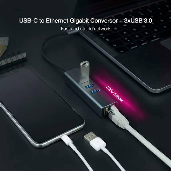 Nanocable Adattatore di Rete USB-C a Ethernet Gigabit 10/100/1000 Mbps + 3 Porte USB 3.0