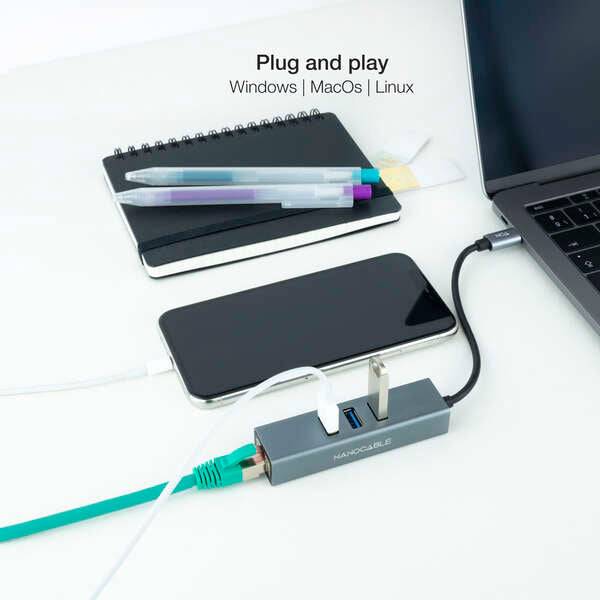 Nanocable Adattatore di Rete USB-C a Ethernet Gigabit 10/100/1000 Mbps + 3 Porte USB 3.0