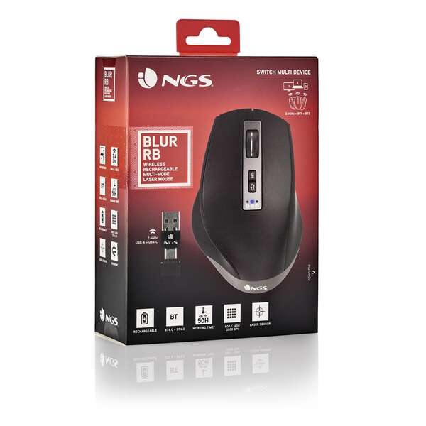 NGS Blur-RB Mouse Wireless Multidispositivo Bluetooth USB 3200dpi - 5 Pulsanti - Uso Destrorso - Batteria Ricaricabile