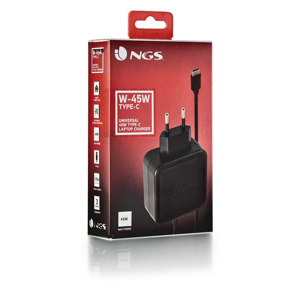 NGS Caricabatterie Universale da Parete per Portatile USB-C 45W - Ricarica Rapida - Cavo da 1,50m