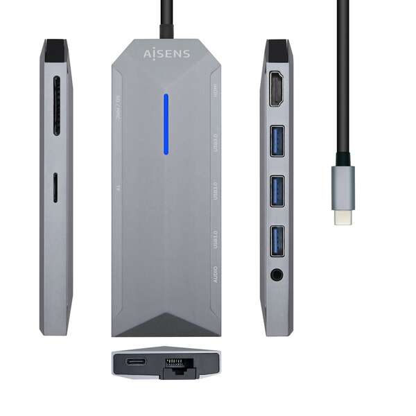 Aisens Dock 9 in 1 Hub USB-C 3.0 con 3x USB-A 3.0, 1x HDMI 1x RJ45, 1x PD 100W, 1x Audio 3.5mm, 1x Lettore SD, 1x Lettore MicroSD - Corpo in Alluminio - Cavo di 0.15m