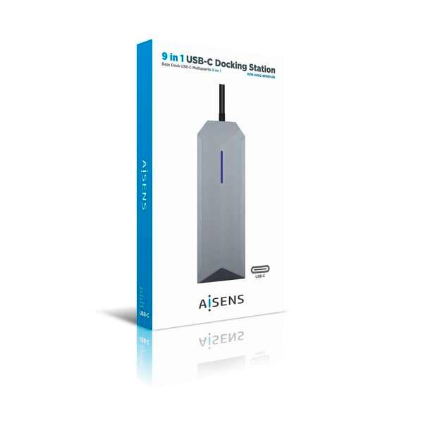 Aisens Dock 9 in 1 Hub USB-C 3.0 con 3x USB-A 3.0, 1x HDMI 1x RJ45, 1x PD 100W, 1x Audio 3.5mm, 1x Lettore SD, 1x Lettore MicroSD - Corpo in Alluminio - Cavo di 0.15m