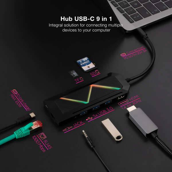 Hub USB-C Nanocable 9 in 1 3.0 con 3x USB-A 3.0, 1x USB-C PD, 1x HDMI, 1x RJ45, 1x Audio 3.5mm, 1x Lettore SD, 1x Lettore TF - Carcassa in Alluminio - Cavo 0,15m