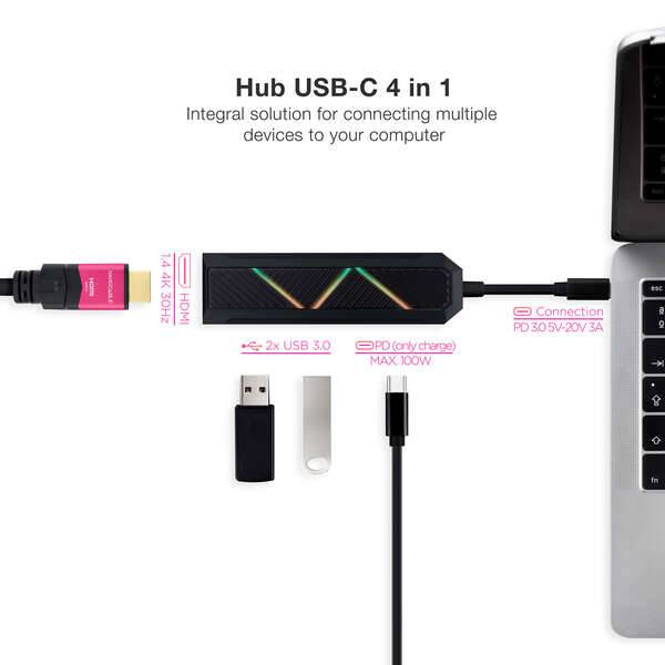 Nanocable Hub USB-C 3.0 4 in 1 con 2x USB-A 3.0, 1x USB-C PD, 1x HDMI - Corpo in Alluminio - Cavo di 0.15m