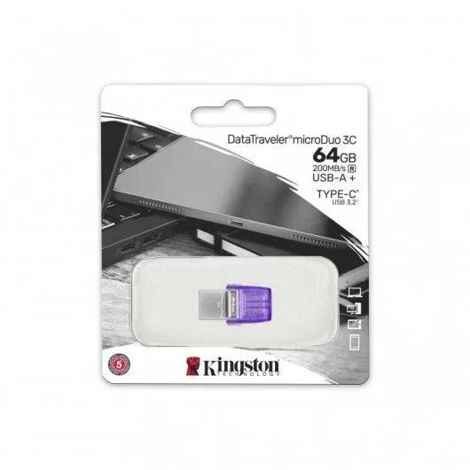Kingston DataTraveler microDuo 3C Memoria USB-A + USB-C 64GB 3.2 Gen 1 - Velocità di Lettura 200 MB/s - Tappo Protettore (Pendrive)