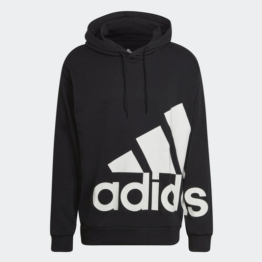Felpa nera con cappuccio e coulisse, logo Adidas bianco grande sul fronte, tessuto morbido e confortevole, ideale per sport e casual