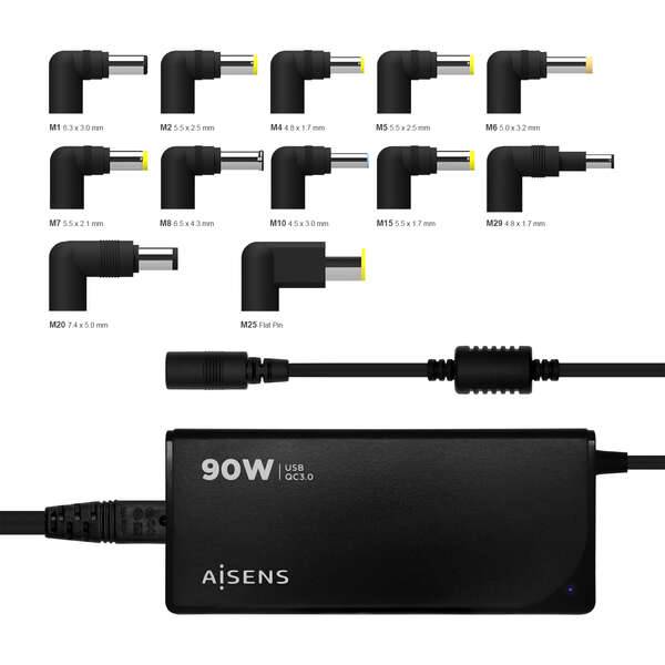 Aisens Caricabatterie 90W Automatico Universale Multitensione per Laptop con 12 Connettori + USB-A QC.3.0 - Colore Nero