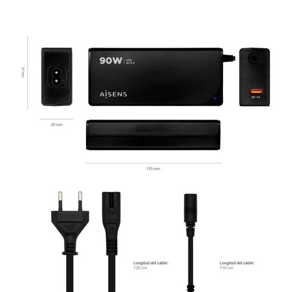 Aisens Caricabatterie 90W Automatico Universale Multitensione per Laptop con 12 Connettori + USB-A QC.3.0 - Colore Nero