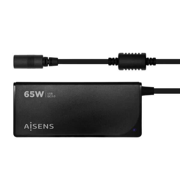 Aisens Caricabatterie 65W Automatico Universale Multitensione per Notebook con 9 Connettori + USB-A QC.3.0 - Colore Nero