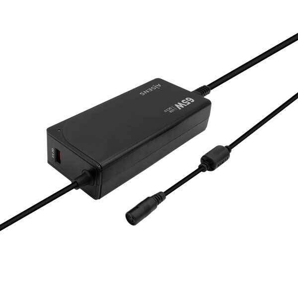 Aisens Caricabatterie 65W Automatico Universale Multitensione per Notebook con 9 Connettori + USB-A QC.3.0 - Colore Nero