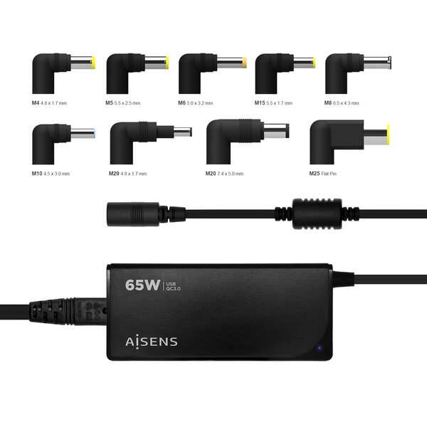 Aisens Caricabatterie 65W Automatico Universale Multitensione per Notebook con 9 Connettori + USB-A QC.3.0 - Colore Nero