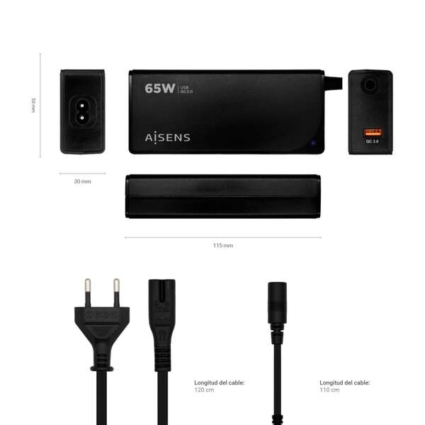 Aisens Caricabatterie 65W Automatico Universale Multitensione per Notebook con 9 Connettori + USB-A QC.3.0 - Colore Nero