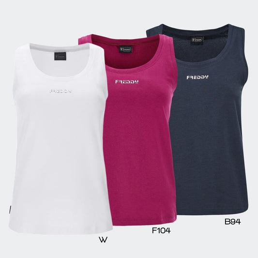 Canotta donna in cotone elasticizzato bianca con logo Freddy ricamato al centro, scollo rotondo, vestibilità regolare, SKU: 8056226999040