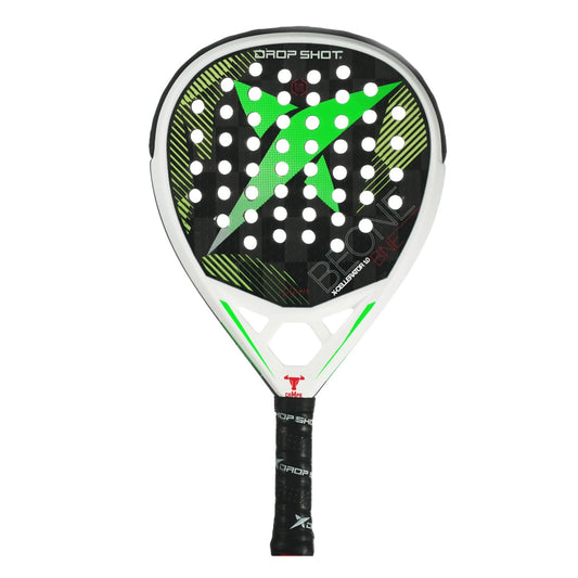 Racchetta padel Drop Shot X-Celerator 1.0 con forma a goccia, tecnologia avanzata, design nero, bianco e verde, impugnatura antiscivolo, SKU: 18231