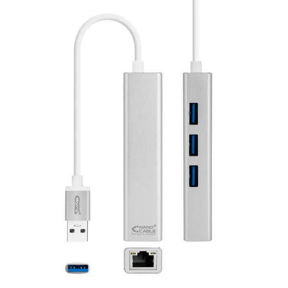 Nanocable Convertitore USB 3.0 a Ethernet Gigabit + 3xUSB 3.0 - Alluminio - 15 cm - Colore Argento
