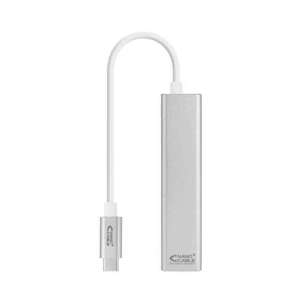Nanocable Convertitore USB-C a Ethernet Gigabit + 3xUSB 3.0 - Alluminio - 15 cm - Colore Argento