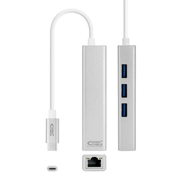 Nanocable Convertitore USB-C a Ethernet Gigabit + 3xUSB 3.0 - Alluminio - 15 cm - Colore Argento