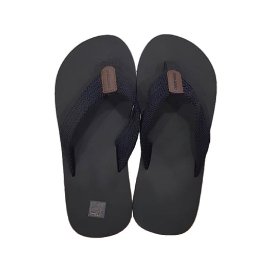 Infradito estive da uomo nere con tomaia in tessuto blu e suola in gomma, comode e leggere, ideali per spiaggia e passeggiate estive.