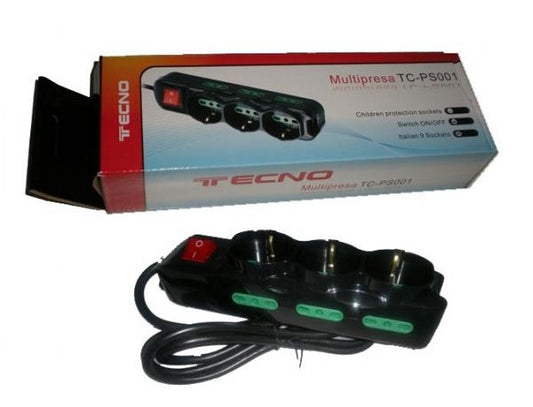 Multipresa 9 Posti Schuko Bipasso Cavo 130cm Nero