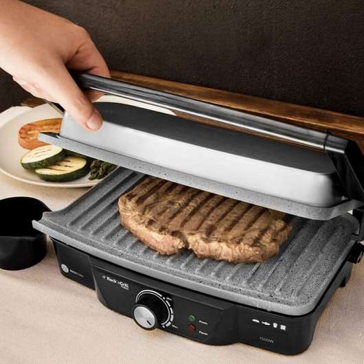 Cecotec Rock'n Grill 1500 Piastra Griglia Elettrica 1500W - Rivestimento in Pietra Rockstone - Regolatore di Temperatura - Apertura 180° - Superficie 28.7x17cm - Acciaio Inossidabile e Plastica