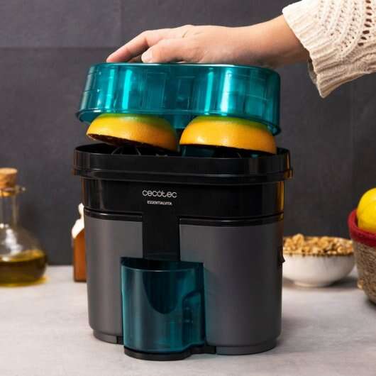 Cecotec EssentialVita Twice Black Spremiagrumi Elettrico 90W - Bicchiere 0.5L - Doppio Testina e Coltello - Filtro per Polpa