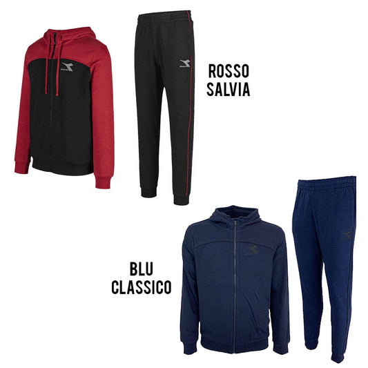 Tuta full zip con cappuccio core Diadora in cotone nero e rosso, con logo cucito, ideale per sport e tempo libero