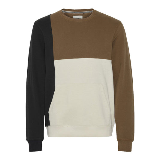 Felpa uomo con design a blocchi di colore marrone, nero e bianco, cotone elastico, con cappuccio e tasca frontale, ideale per stile casual.