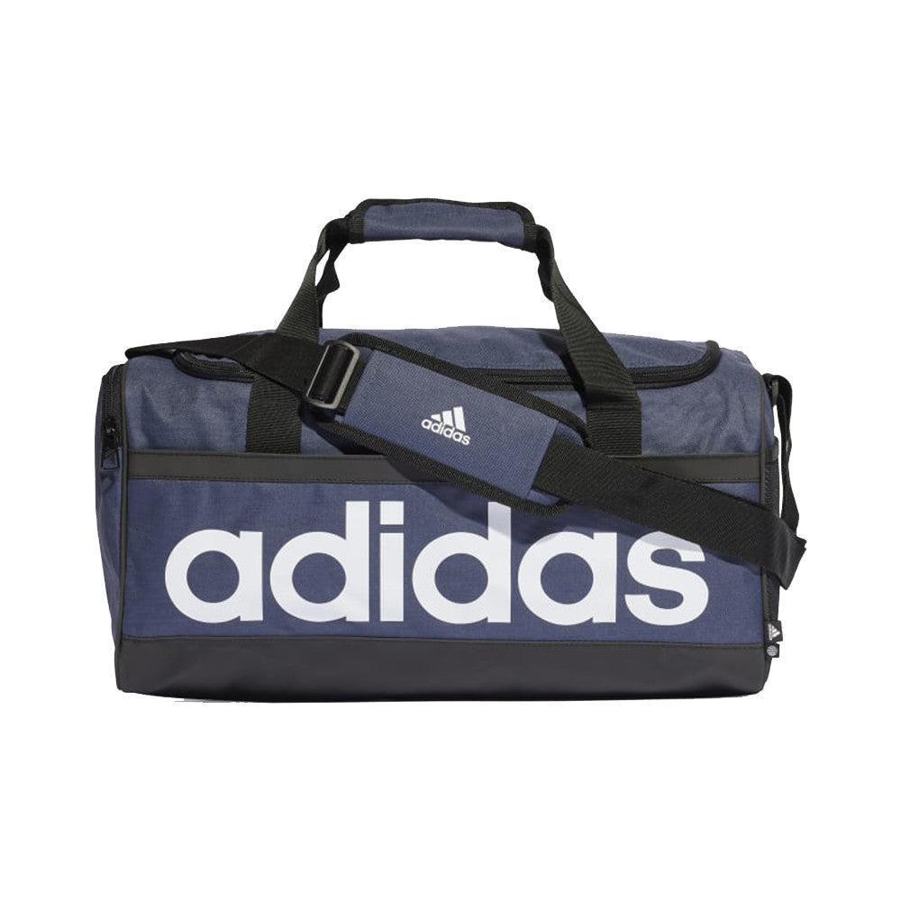 Borsone adidas linear duffel HR5349 in tessuto resistente blu navy con grandi logo bianco, manici e tracolla regolabile, scomparti pratici per sport e viaggio - SKU: 4066751025002