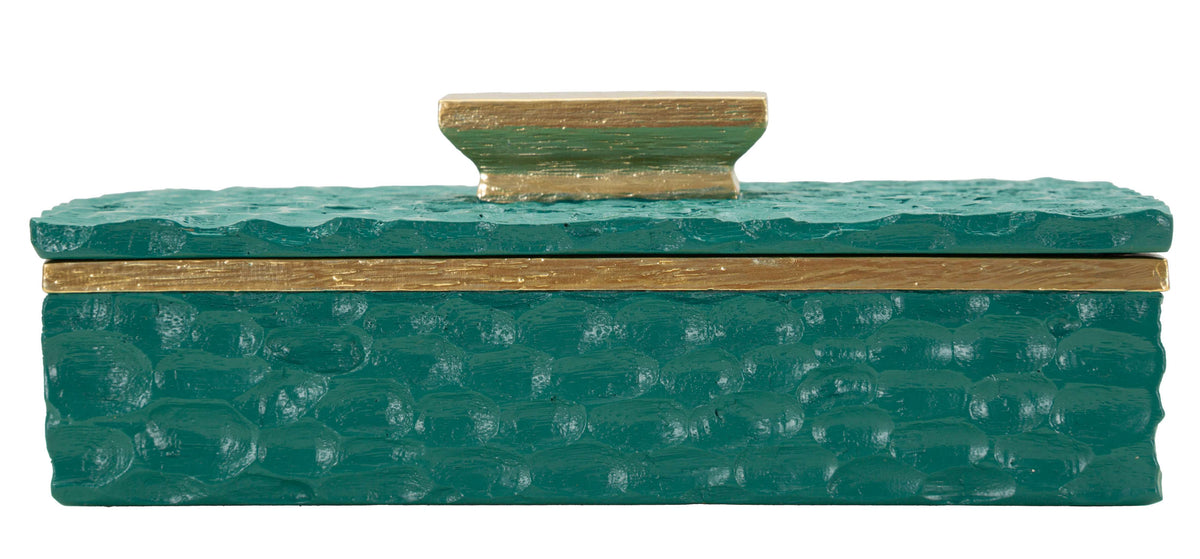 Profilo laterale del Cofanetto Greent Cm 18,8X6,4X10,8 Eleganza E Stile, portacandele elegante con superficie verde testurizzata e bordo dorato