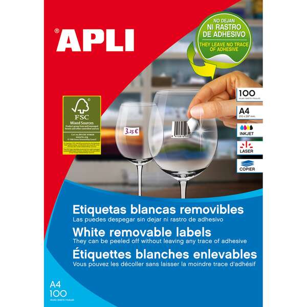 Apli Confezione da 400 Etichette Rimovibili 105x148mm - 100 Fogli x 4 Etichette - Angoli Dritti - Rimovibile Senza Lasciare Tracce - Colore Bianco