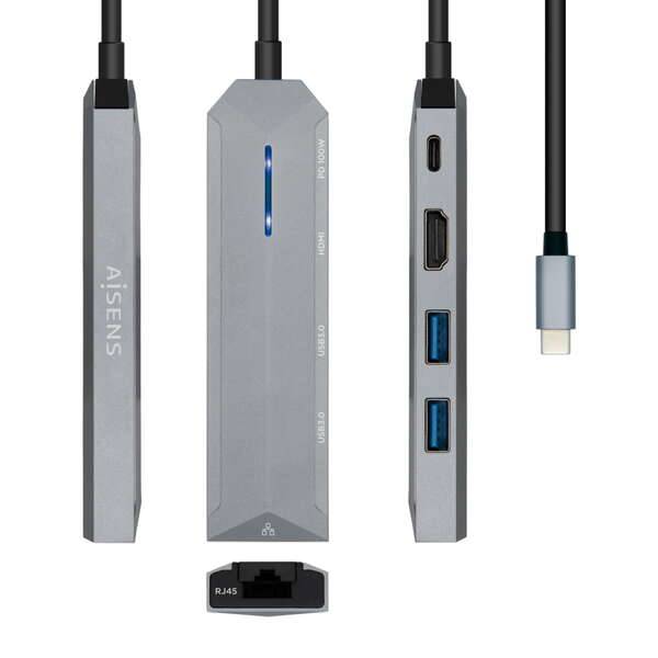 Aisens USB-C Dock 5 in 1 - USB-C a 1xHDMI - 1xRJ45 - 2xUSB - 1xPD - 15cm - Colore Grigio
