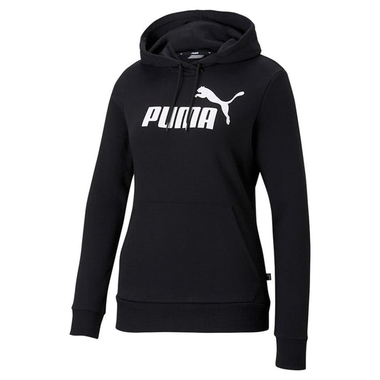 Felpa con cappuccio Puma nera in poliestere riciclato, logo Puma bianco grande sul petto, tasca a marsupio, vestibilità regolare, ideale per sport e casual