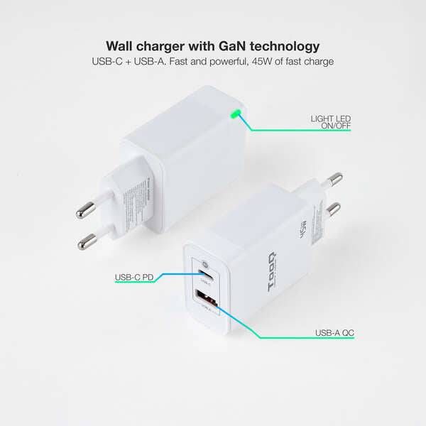 Tooq Caricabatterie da Parete GaN USB-C/PD + USB-A/QC 45W - Colore Bianco