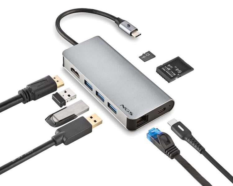 NGS Wonder Dock 8in1 Hub USB-C - 3x USB 3.0, 1x USB-C PD 60W, 1x HDMI, 1x RJ-45, Slot SD 40 Mbps e Slot TF 40 Mbps - Supporta Risoluzioni Massime 4K a 30 Hz