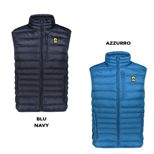 Gilet smanicato in nylon blu navy con imbottitura trapuntata, collo alto e tasca frontale con zip, resistente all'acqua e al vento