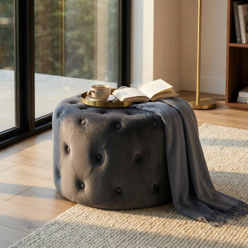 Pouf rotondo in velluto grigio scuro diametro 67 cm altezza 41 cm