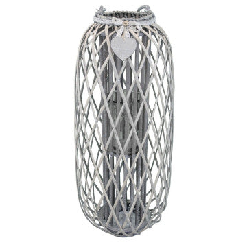Lanterna in vimini grigio e vetro con decoro a cuore, altezza 95 cm