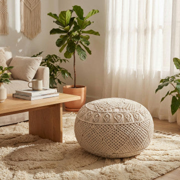 Pouf in cotone bianco, peso 3 kg, struttura compatta e versatile