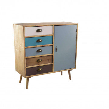 Mobiletto con struttura MDF, gambe legno pino, top naturale, 1 anta e 5 cassetti