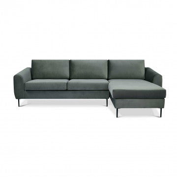 Divano con chaise longue in tessuto grigio, gambe metallo, 180x97x85 cm