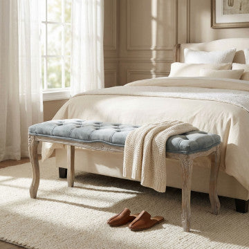 Panca in legno e velluto grigio, dimensioni 110x36x47 cm