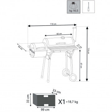 Barbecue a carbonella con affumicatore, struttura acciaio nero 110x64x113,5 cm