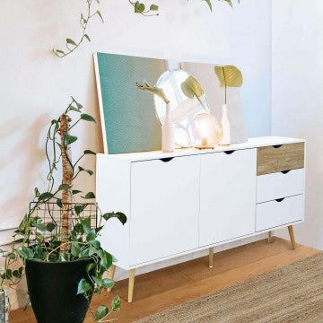 Mobile in legno bianco e naturale con 2 ante e 3 cassetti